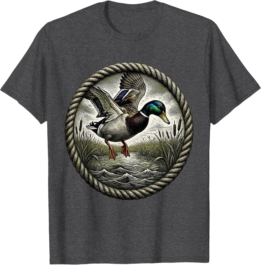 Men's Mallard Duck Descending Camo Hunting Design T-Shirt - Dark Heather Grey