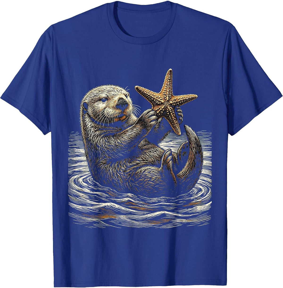Men's Sea Otter Holding Starfish Above Water T-Shirt - Royal Blue