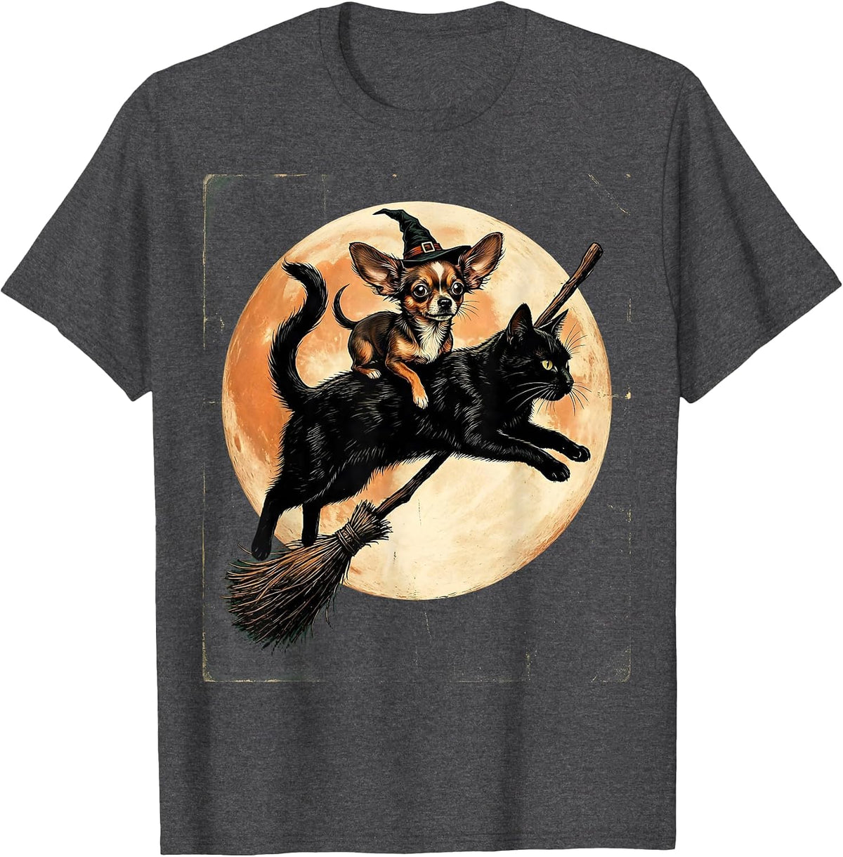 Men's Halloween Chihuahua Riding Giant Black Cat Broom T-Shirt - Dark Heather Grey
