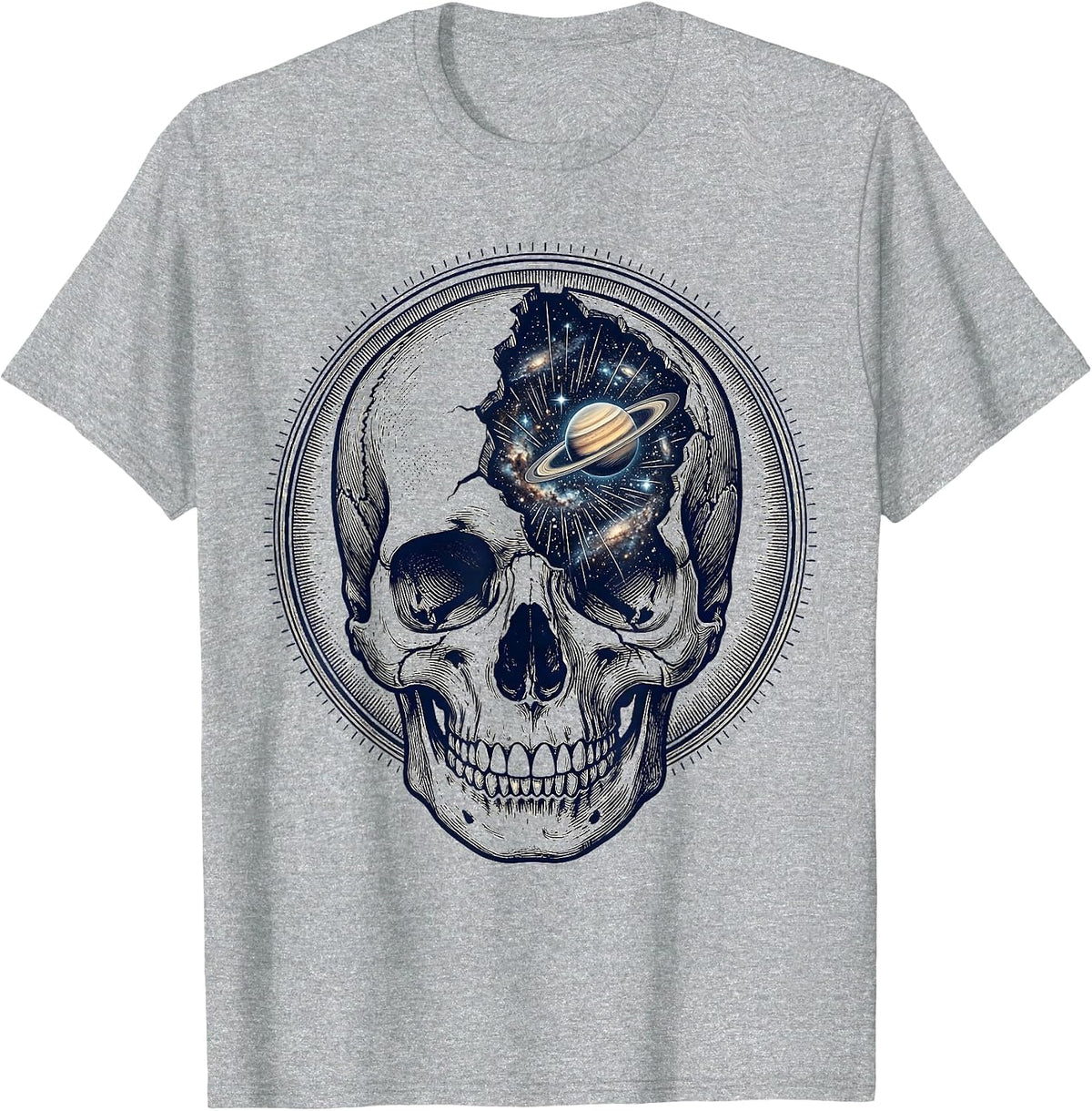 Men's Radiology Skull Universe Cosmic Brain Art T-Shirt - Heather Grey