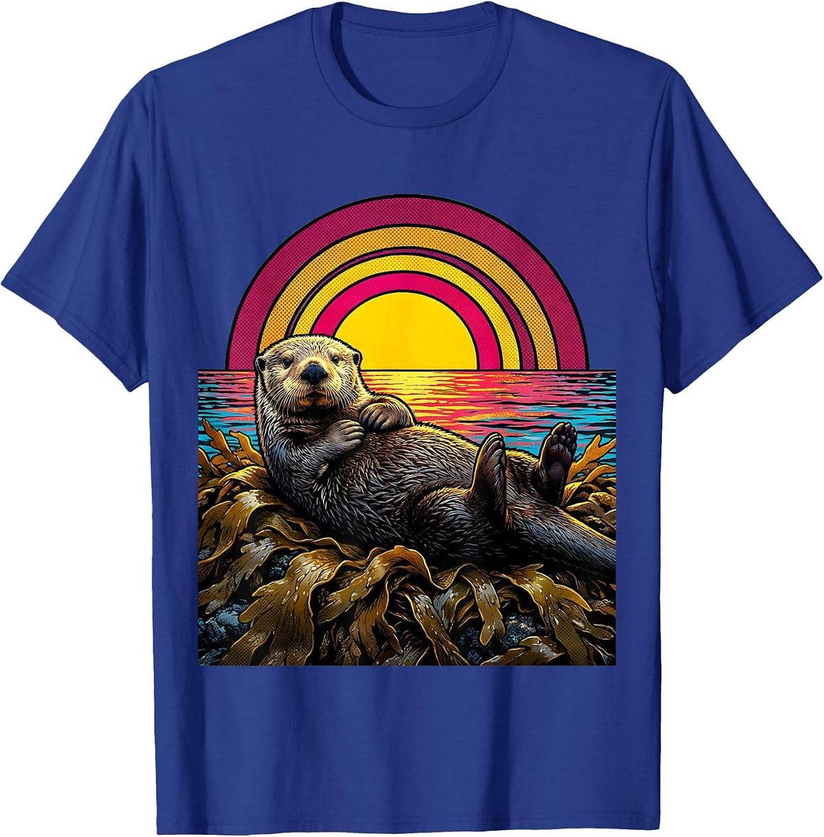 Men's California Sea Otter Floating on Kelp Sunset T-Shirt - Royal Blue