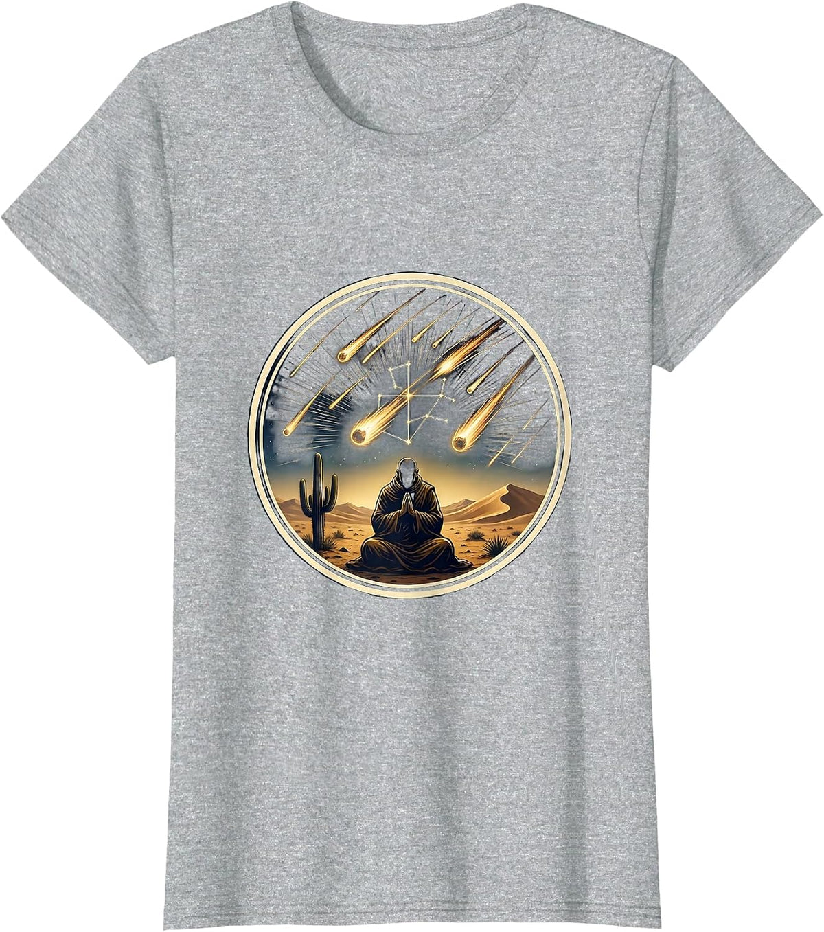 Desert Monk Meteor Shower Night Sky Illustration T-Shirt - Heather Grey
