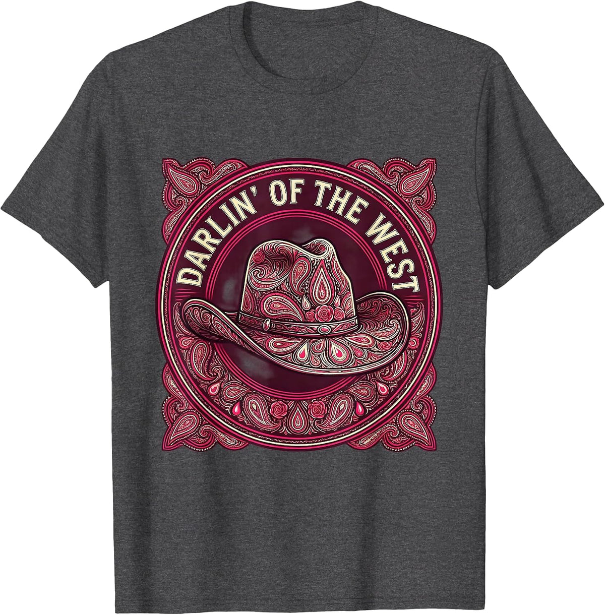 Men's Pink Cowgirl Darlin' of the West Design T-Shirt - Dark Heather Grey