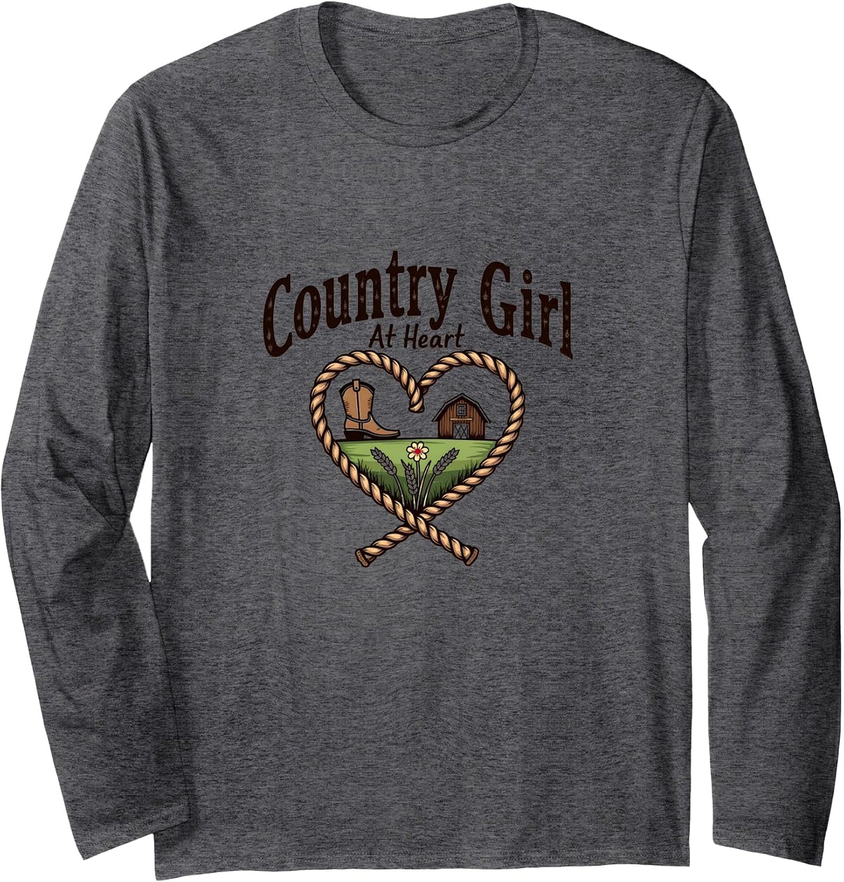 Country Girl At Heart Rustic Farm Cowgirl Long Sleeve T-Shirt - Adult Unisex Dark Heather Grey