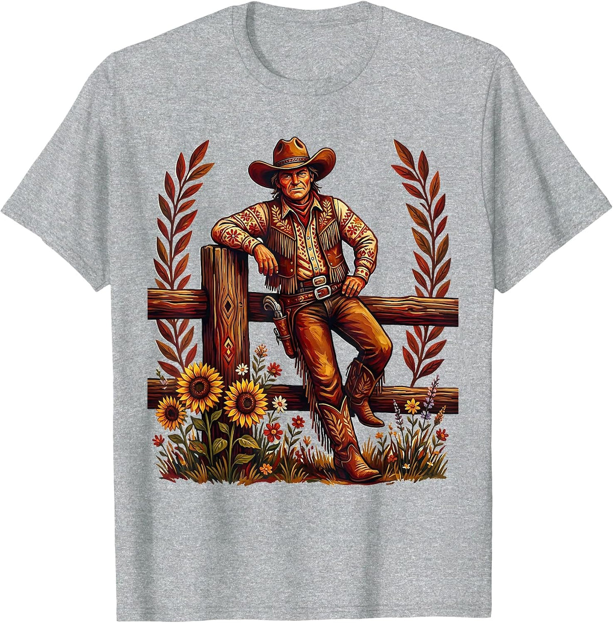 Men's Cowgirl Leaning on Fence Post Illustration T-Shirt - Heather Grey
