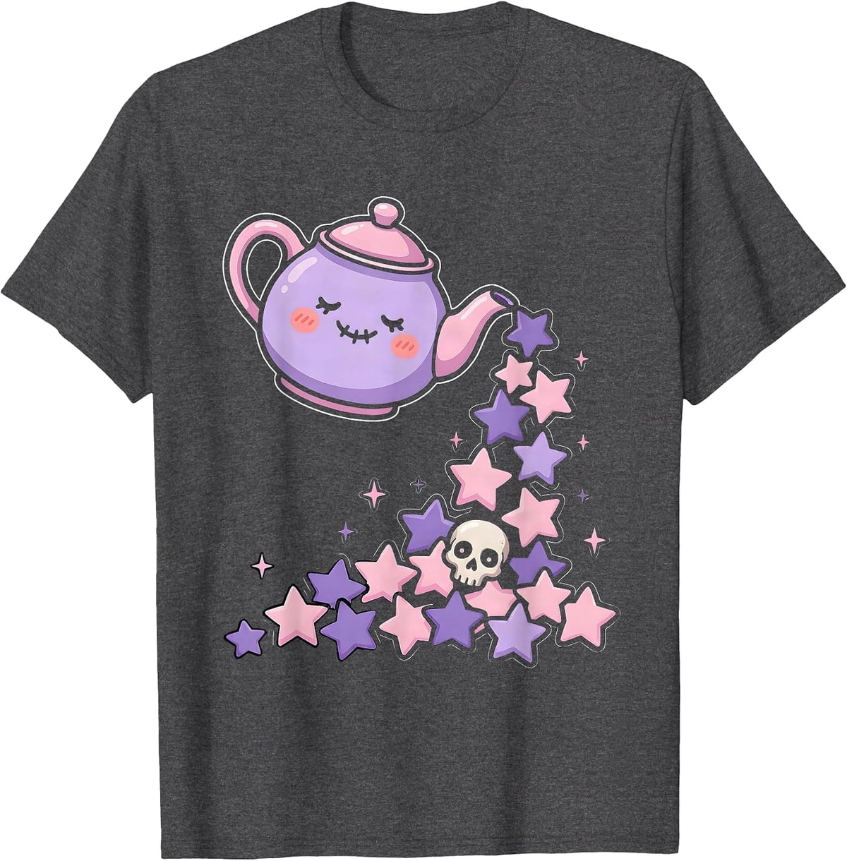 Men's Teapot Pouring Falling Stars Magical Illustration T-Shirt - Dark Heather Grey