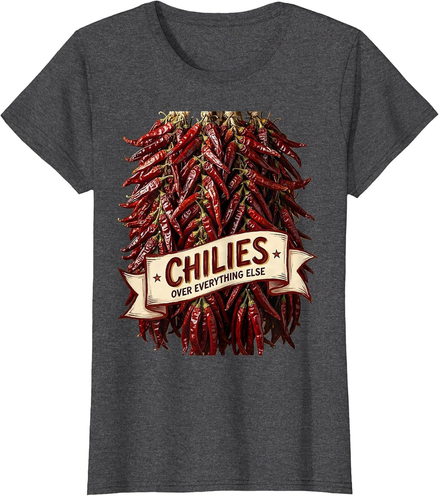 Women's Chilies Over Everything Mexico Graphic Design T-Shirt - Dark Heather Grey