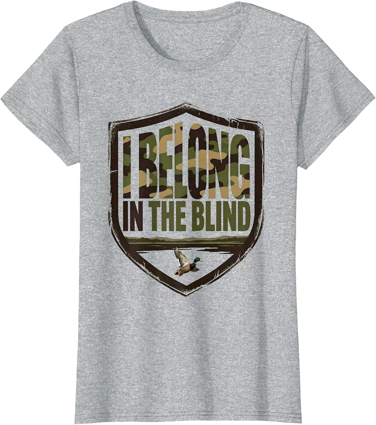 I Belong In The Blind Vintage Funny Duck Hunting Camouflage T-Shirt - Heather Grey
