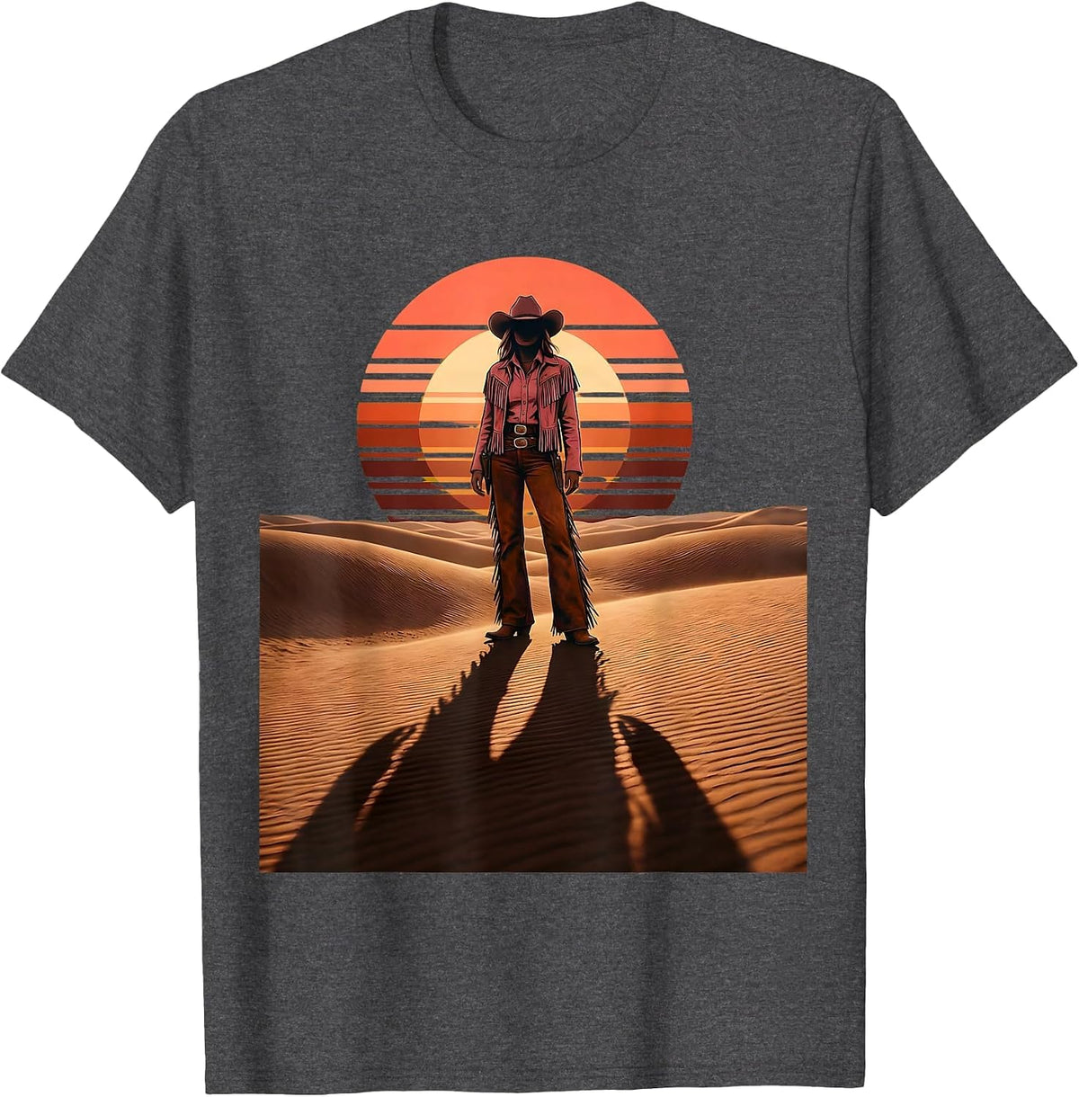 Men's Pink Cowgirl Long Shadow Desert Sand Graphic T-Shirt - Dark Heather Grey