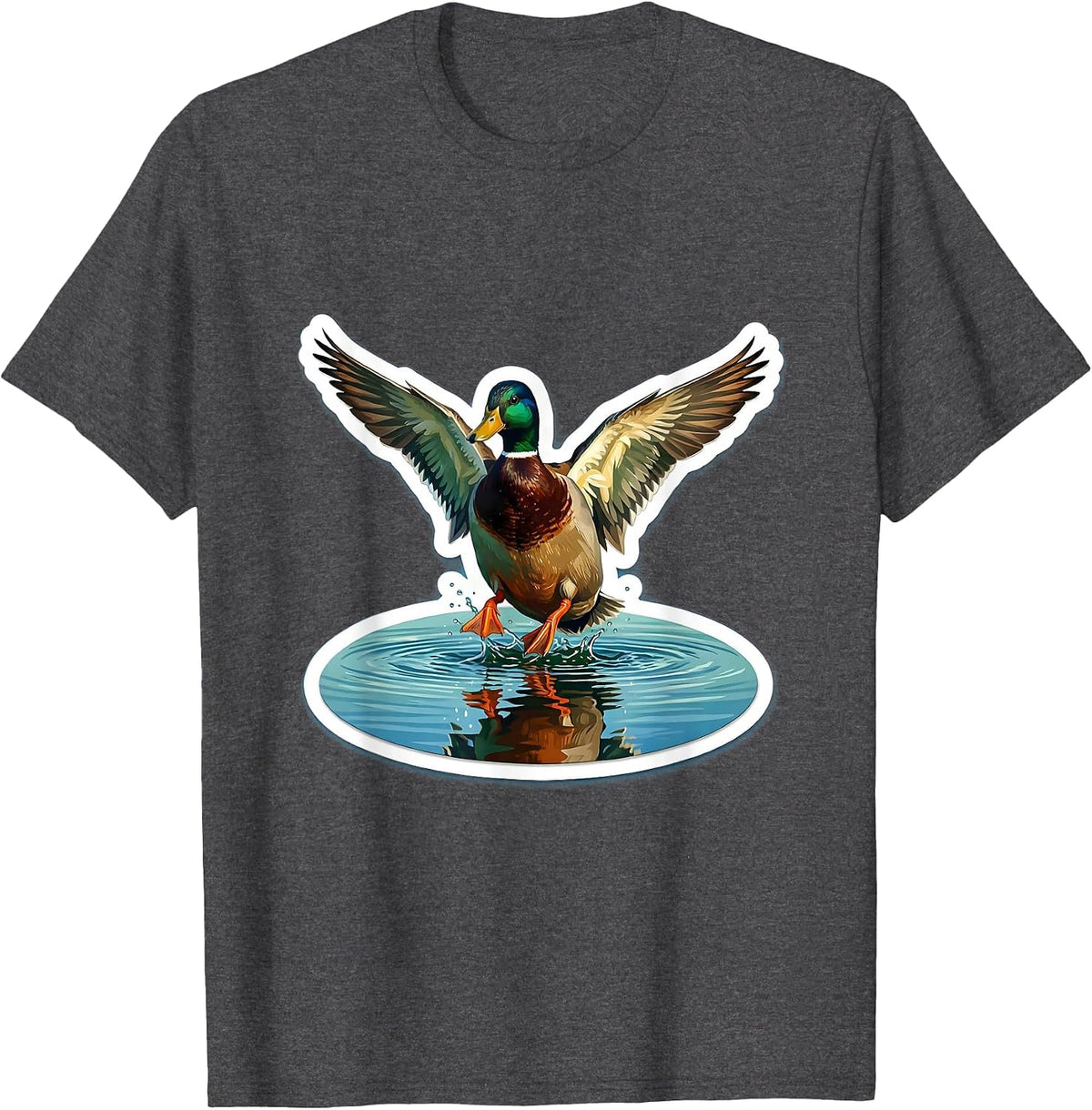 Mallard Duck Landing on Glassy Lake Illustration T-Shirt - Dark Heather Grey