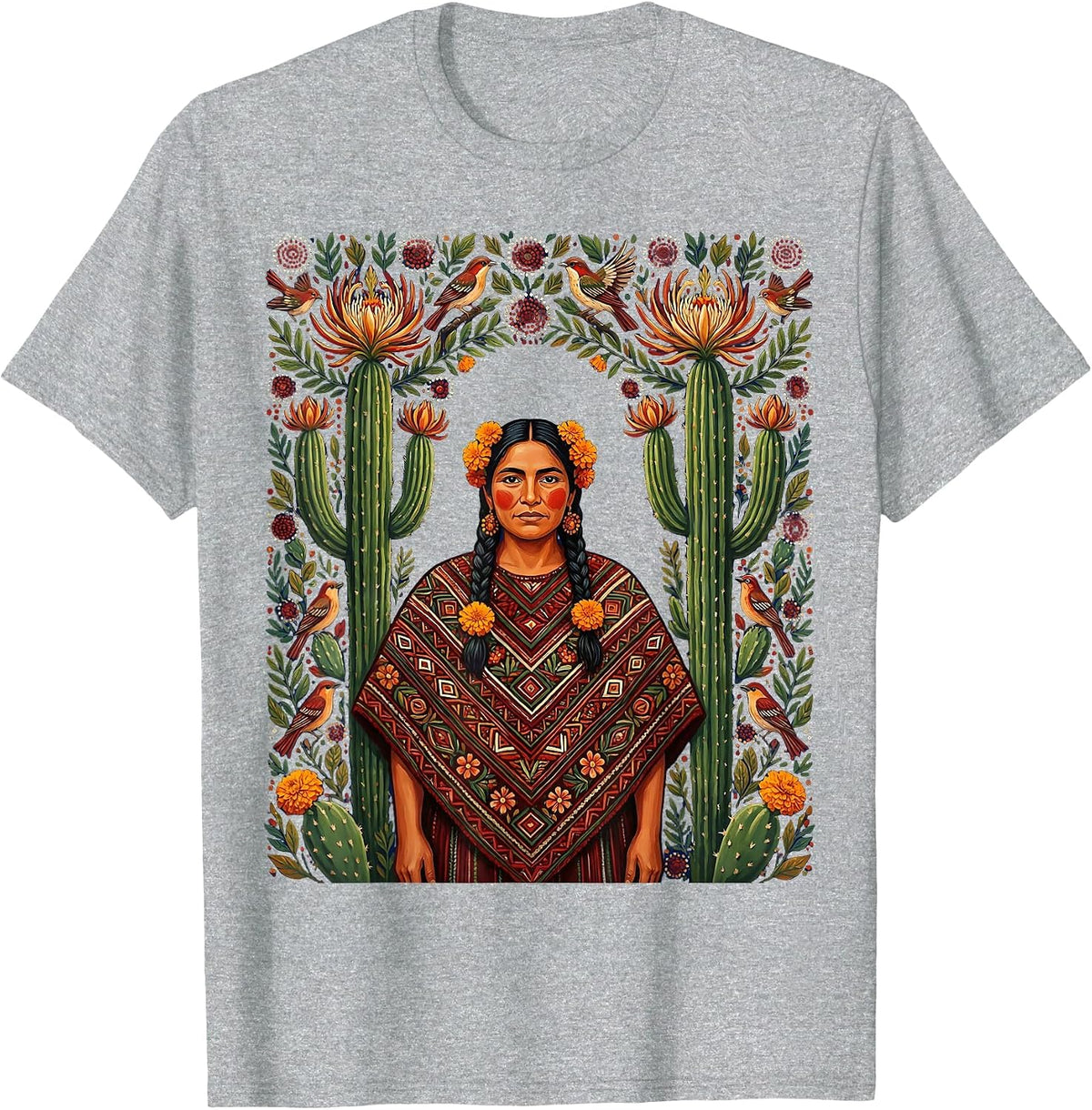 Men's Mexican Woman in Quechquemitl Cactus Bloom Art T-Shirt - Heather Grey