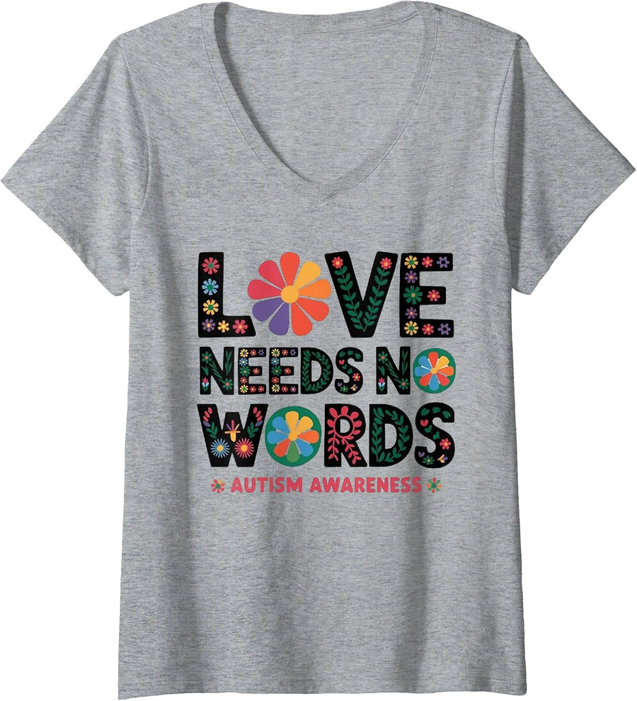 Women's Love Needs No Words Flower Autism Awareness Mom Dad Teacher V-Neck T-Shirt - Heather Grey
