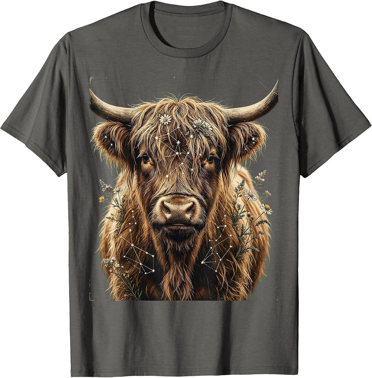 Men's Highland Cow Constellation Celestial Artwork T-Shirt - Asphalt Grey