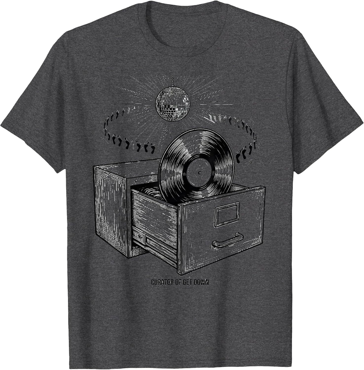 Men's Curator of Get Down Retro 70s Disco Party Humor T-Shirt - Dark Heather Grey