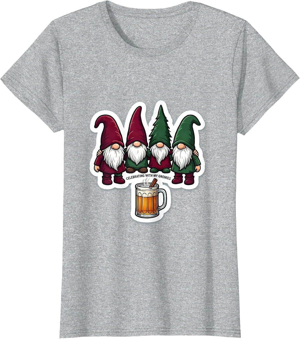 Women's Celebrating With My Gnomies Funny Gnome Friend Christmas T-Shirt - Heather Grey