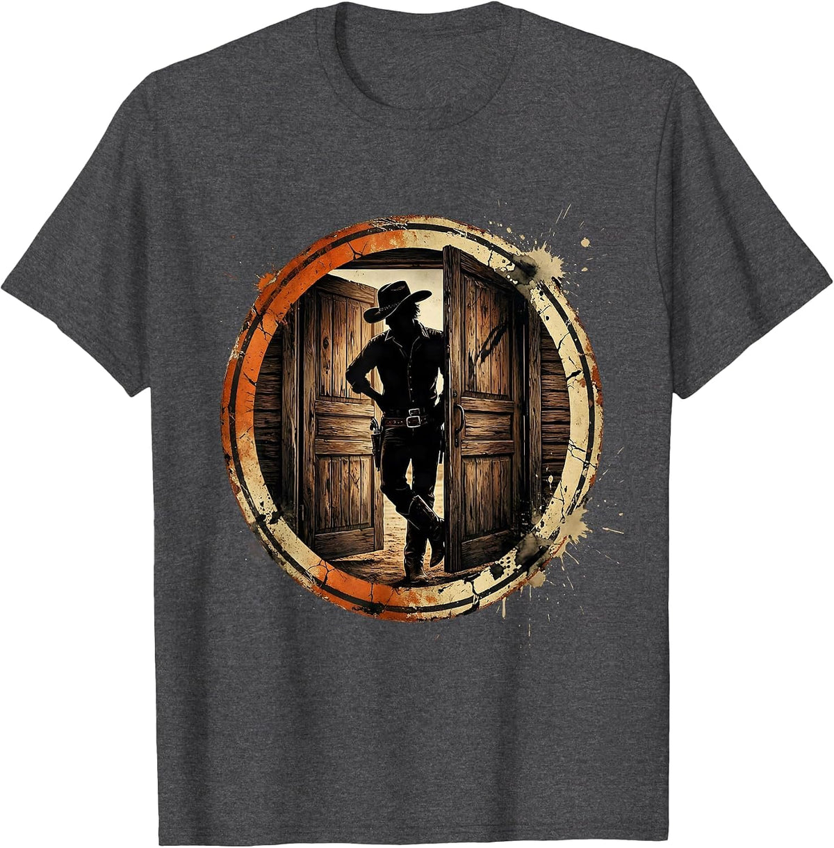 Men's Cowgirl Saloon Door Leaning Western Illustration T-Shirt - Dark Heather Grey