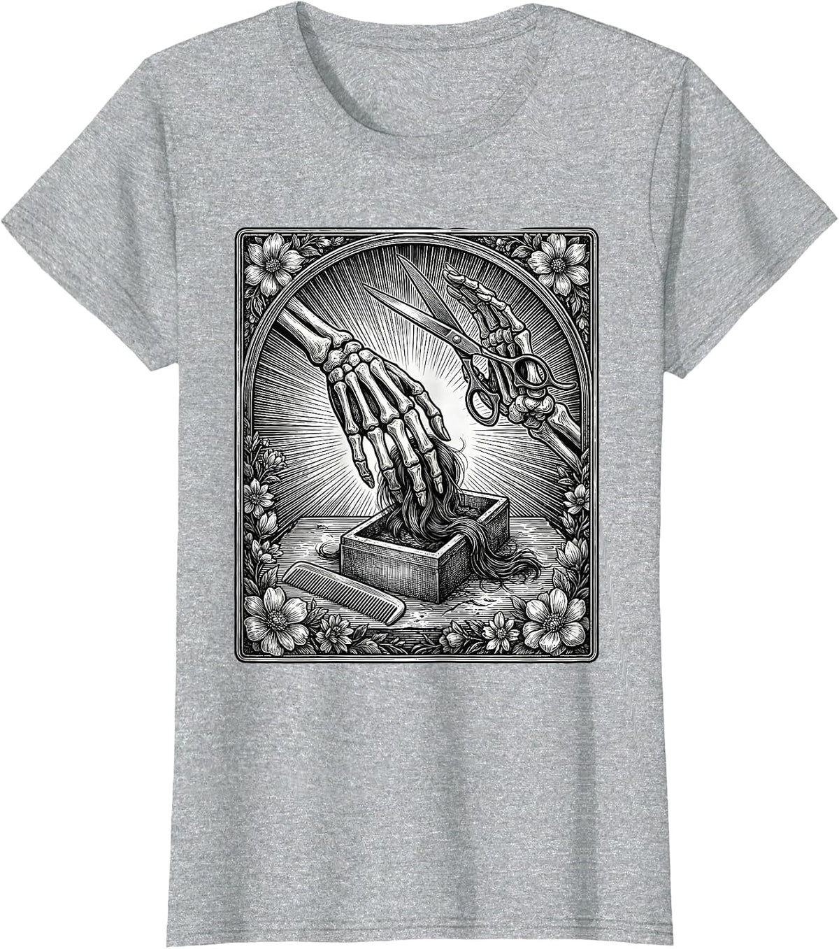 Women's Skeleton Tarot Hair Stylist Halloween Barber Gift T-Shirt - Heather Grey