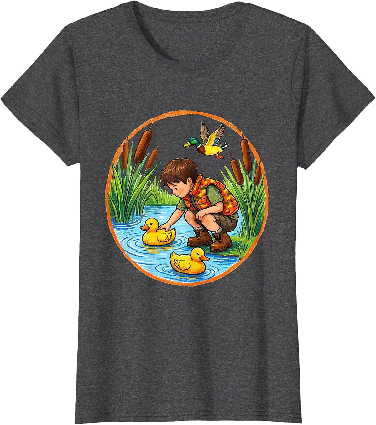 Women's Kids Duck Hunting Decoy Setup Illustration T-Shirt - Dark Heather Grey