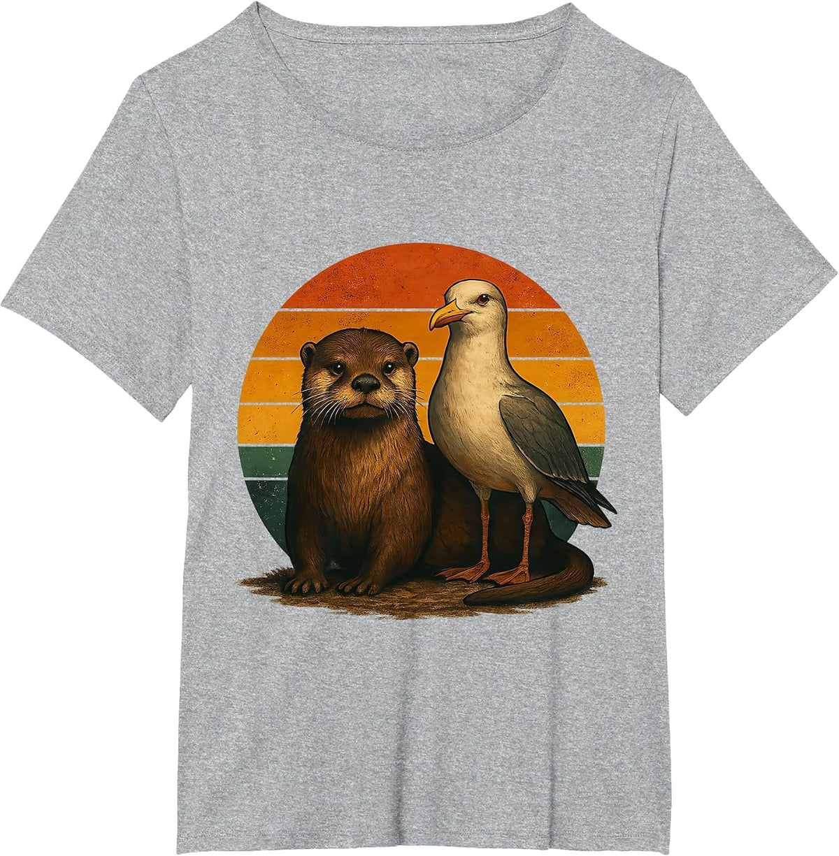 Otter Seagull Retro Animal Friends T-Shirt - Heather Grey