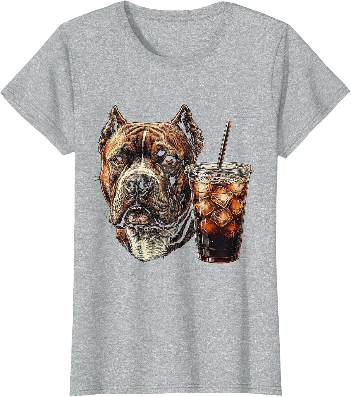 Pitbull Drinking Iced Coffee Dog Lover Humor T-Shirt - Heather Grey
