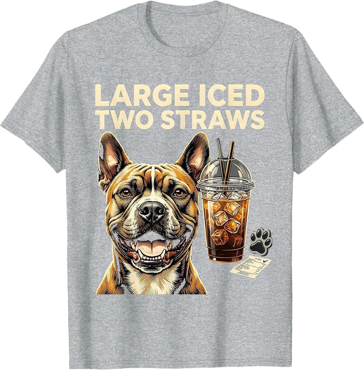 Men's Large Iced Two Straws Funny Pitbull Drinking Iced Coffee T-Shirt - Heather Grey