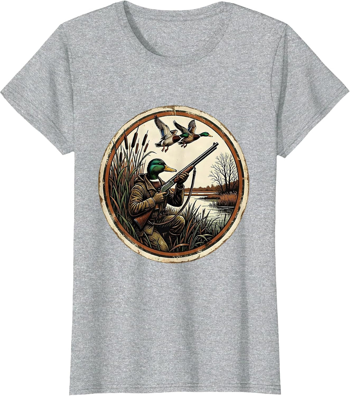Women's Duck Hunter in Blind Shotgun Raised Hunting Art T-Shirt - Heather Grey