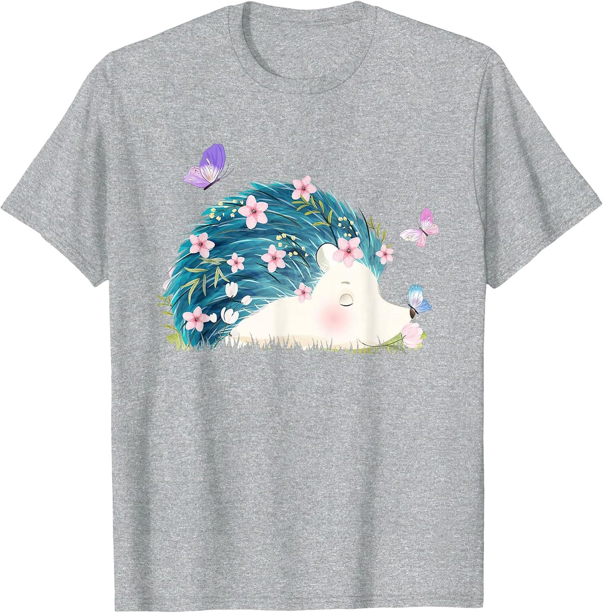 Hedgehog - Flowers Butterflies Nature Porcupine Lover T-Shirt - Heather Grey