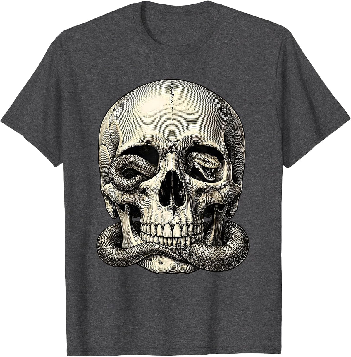 Men's Snake Through Skull Eye Socket Gothic Art Design T-Shirt - Dark Heather Grey