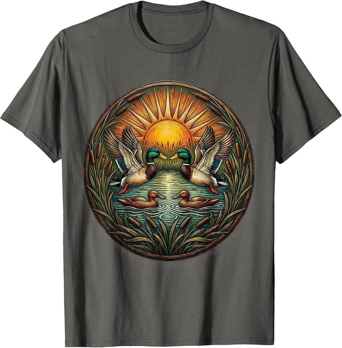Sunrise Over Wetlands Duck Hunting Decoy Spread T-Shirt - Asphalt Grey