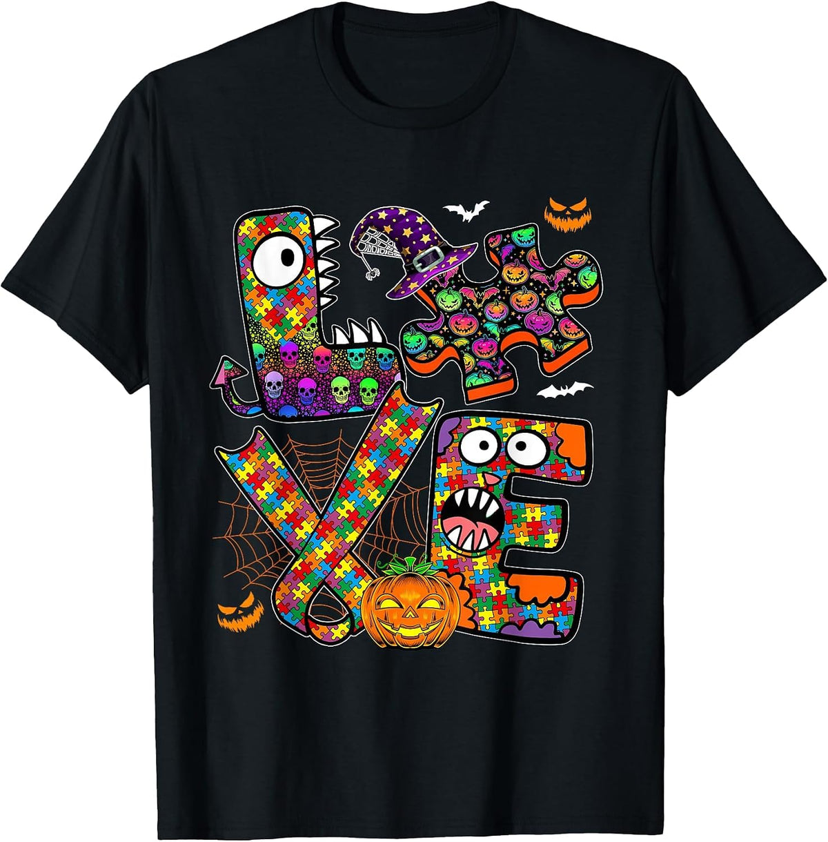 Love Halloween Proud Horror Puzzle Pieces Autism Awareness T-Shirt - Black