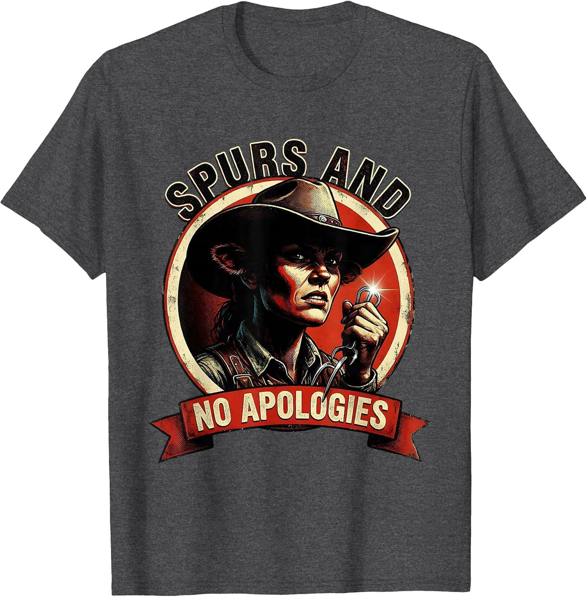 Men's White Cowgirl Spurs and No Apologies Design T-Shirt - Dark Heather Grey