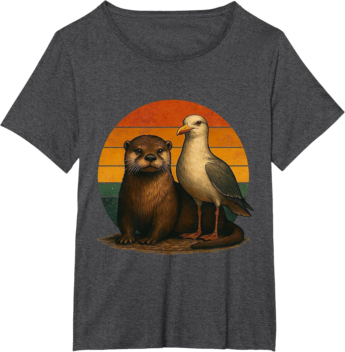 Otter Seagull Retro Animal Friends T-Shirt - Dark Heather Grey