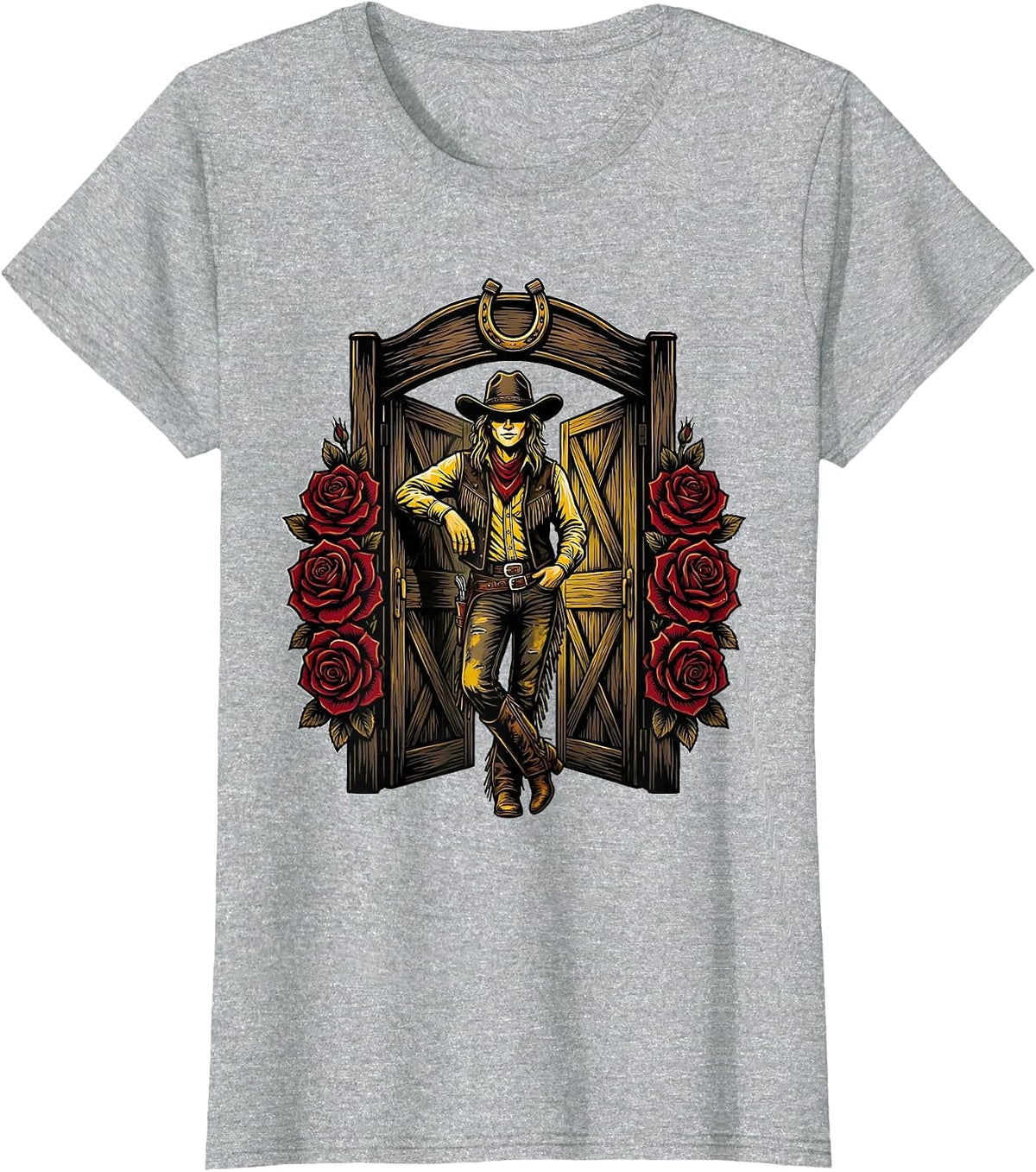 Cowgirl Leaning on Saloon Door Graphic T-Shirt - Heather Grey