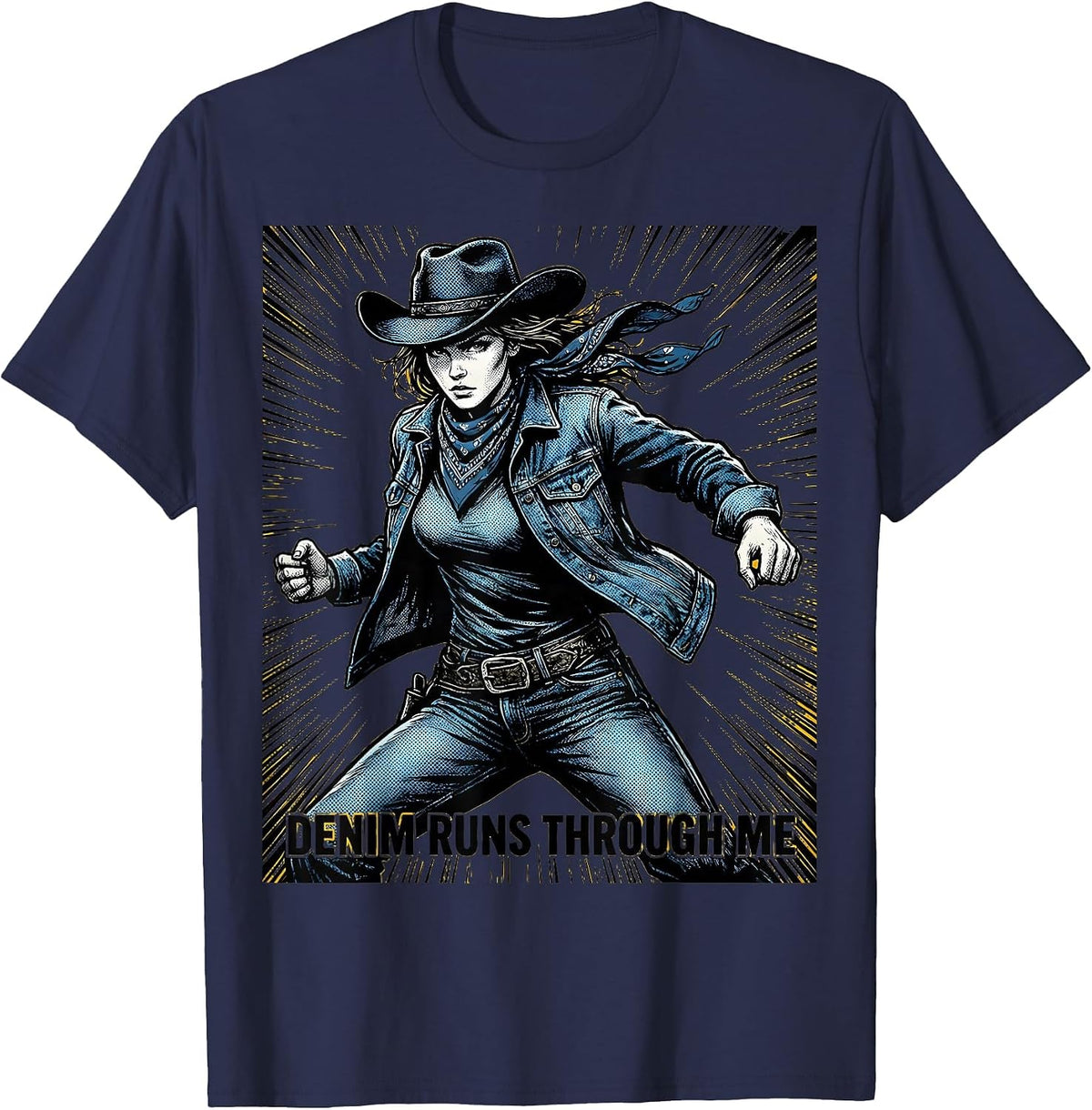 Men's Denim Runs Through Me Western Girls Design T-Shirt - Navy Blue