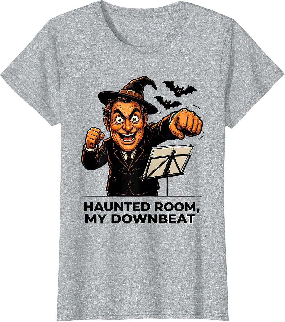 Haunted Room My Downbeat Cartoon Ghost Music Teacher T-Shirt - Heather Grey