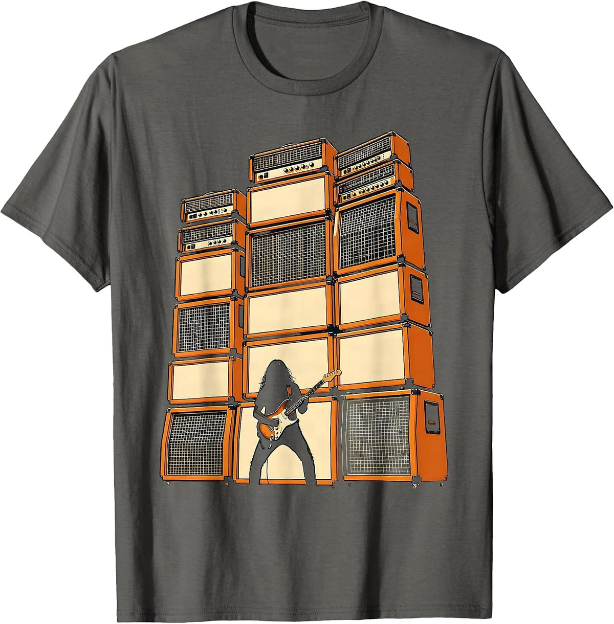 80s Rock Silhouette Giant Amplifier Stack Art T-Shirt - Asphalt Grey