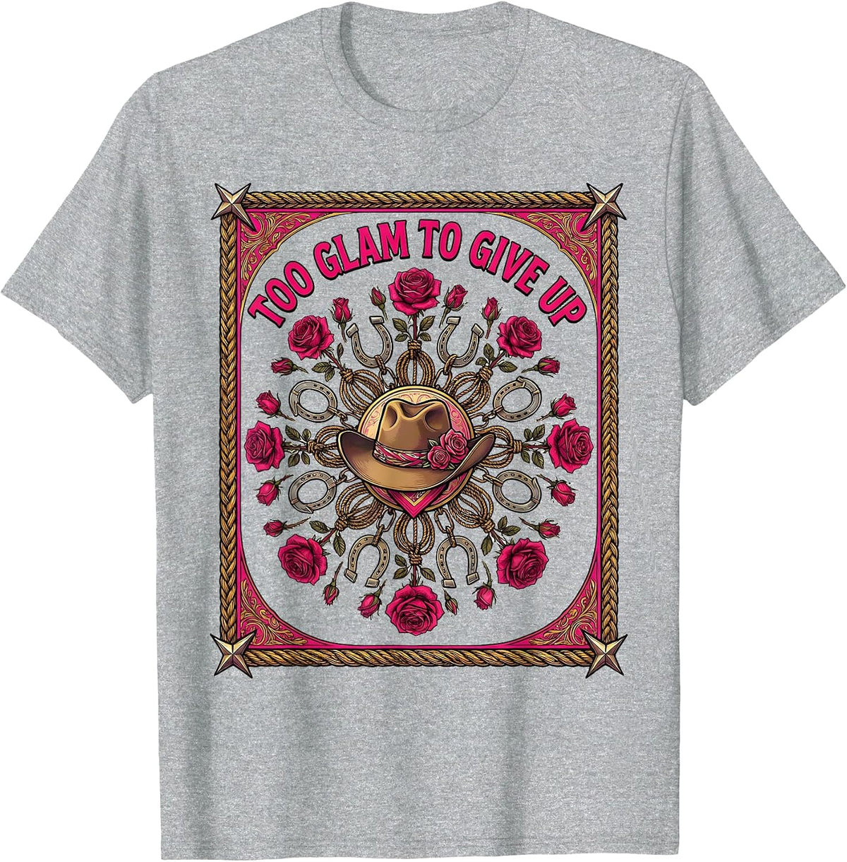 Men's Too Glam To Give Up Pink Cowgirl Design T-Shirt - Heather Grey