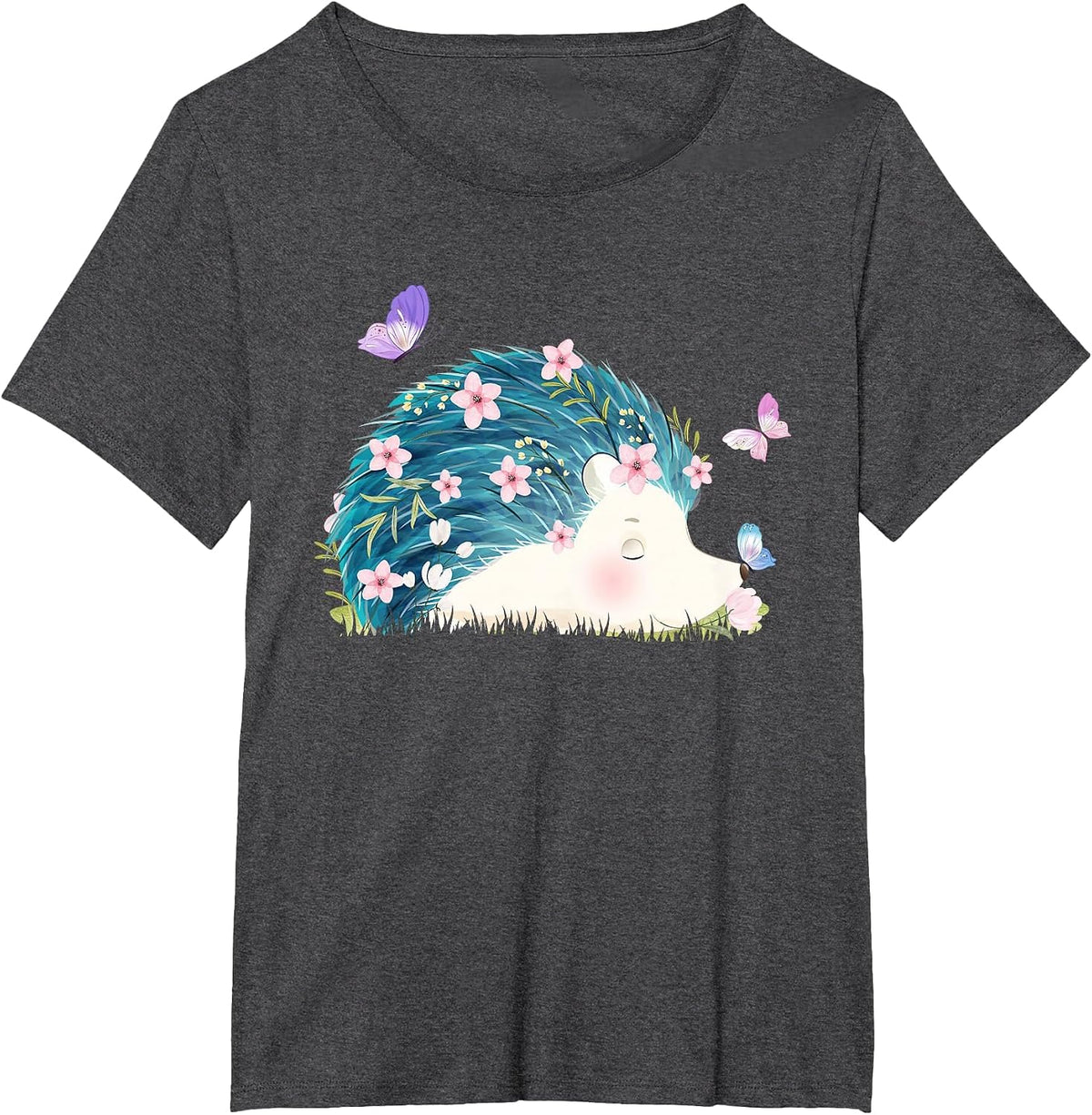 Hedgehog - Flowers Butterflies Nature Porcupine Lover T-Shirt - Dark Heather Grey