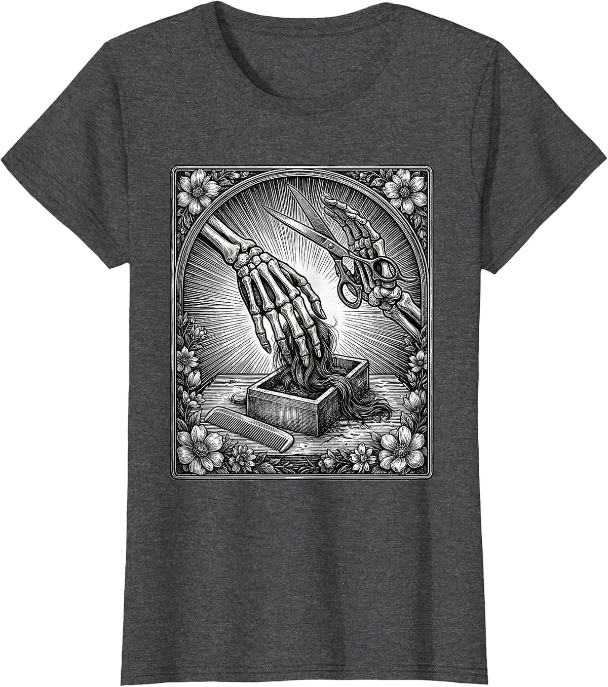 Women's Skeleton Tarot Hair Stylist Halloween Barber Gift T-Shirt - Dark Heather Grey