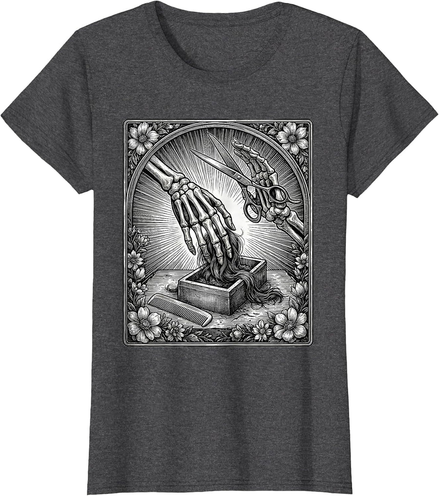 Women's Skeleton Tarot Hair Stylist Halloween Barber Gift T-Shirt - Dark Heather Grey