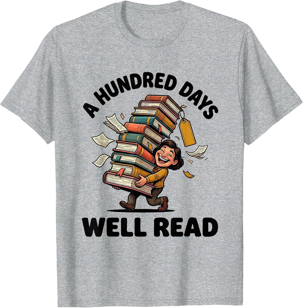 Men's A Hundred Days Well Read Cartoon Reading Teacher Librarian T-Shirt - Heather Grey