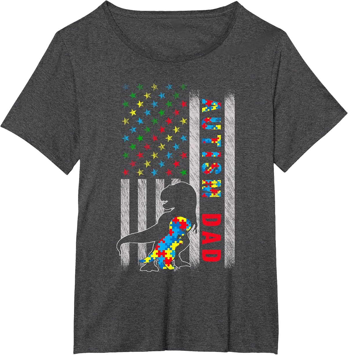 Autism Dad US Flag Dinosaur Autism Awareness T-Shirt - Dark Heather Grey