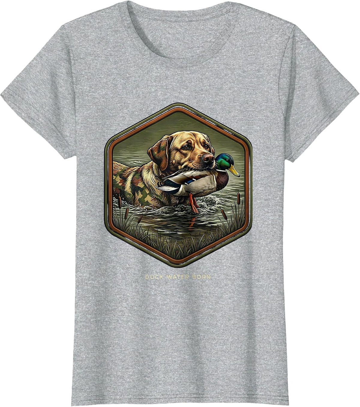 Duck Water Born Emblem Labrador Hunting Dog Waterfowl Marsh T-Shirt - Heather Grey