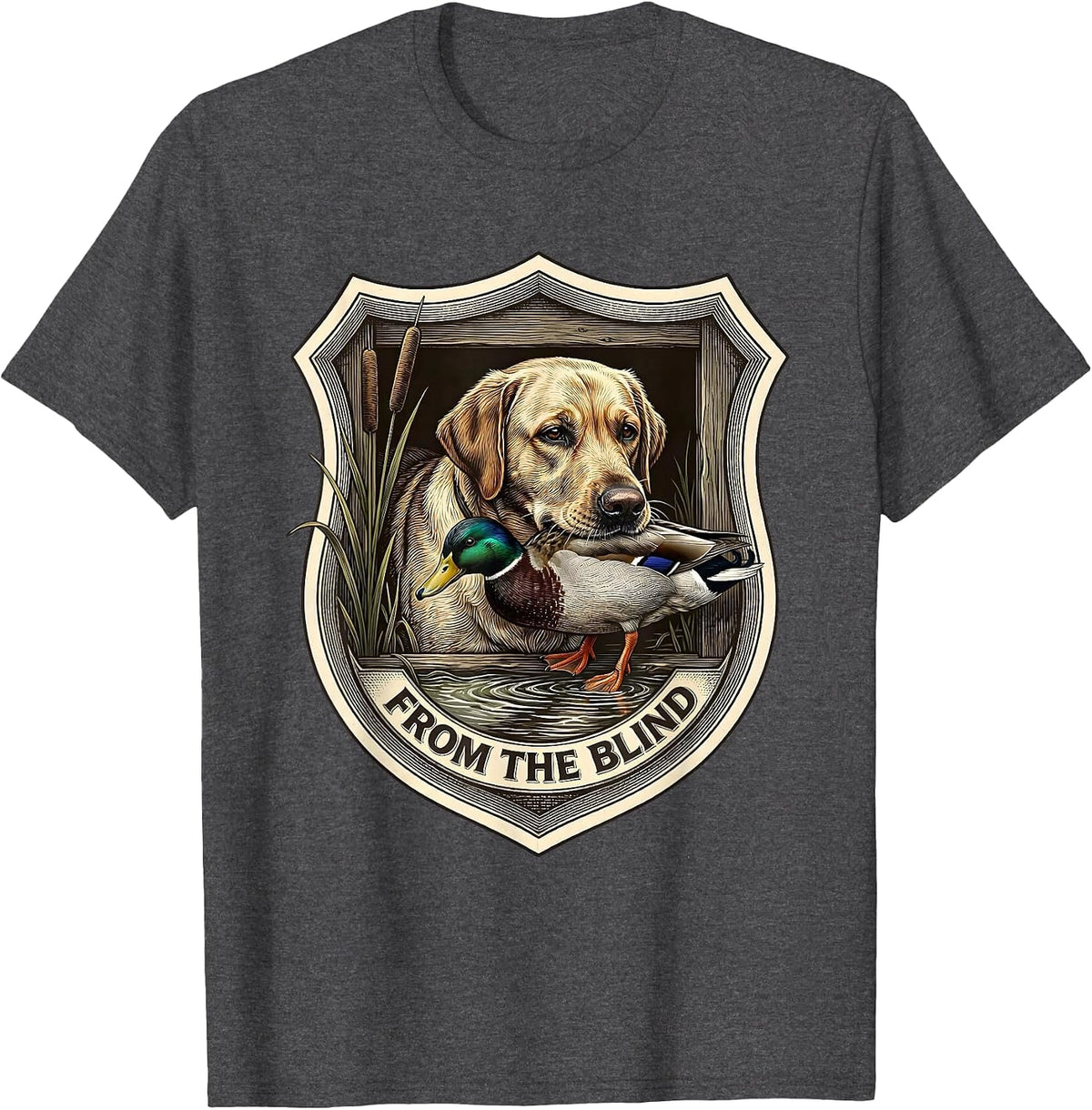 Men's From The Blind Crosshatch Etching Hunting Dog Waterfowl T-Shirt - Dark Heather Grey