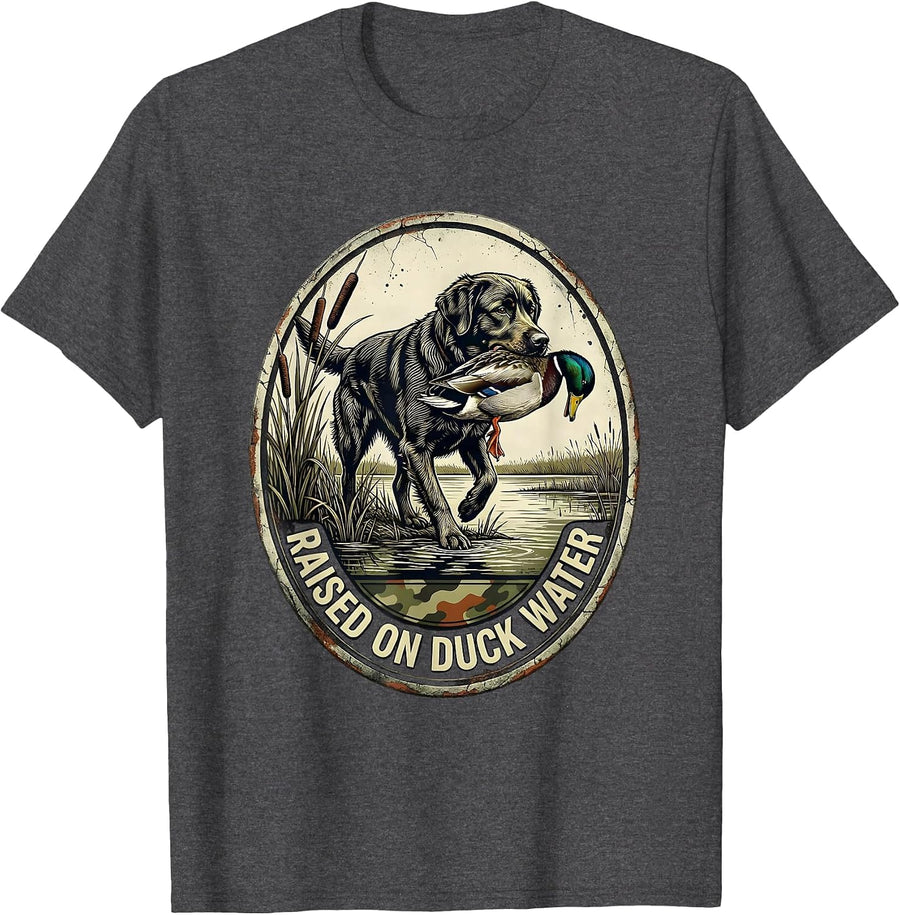 Men's Raised On Duck Water Distressed Hunting Dog Waterfowl Pride T-Shirt - Dark Heather Grey