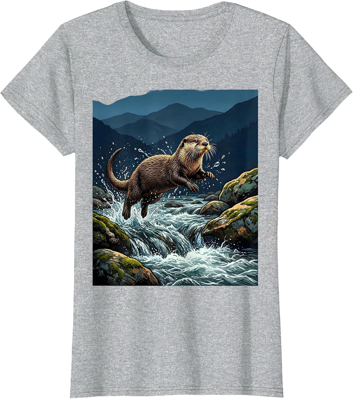 North Carolina River Otter Mountain Stream Design T-Shirt - Heather Grey