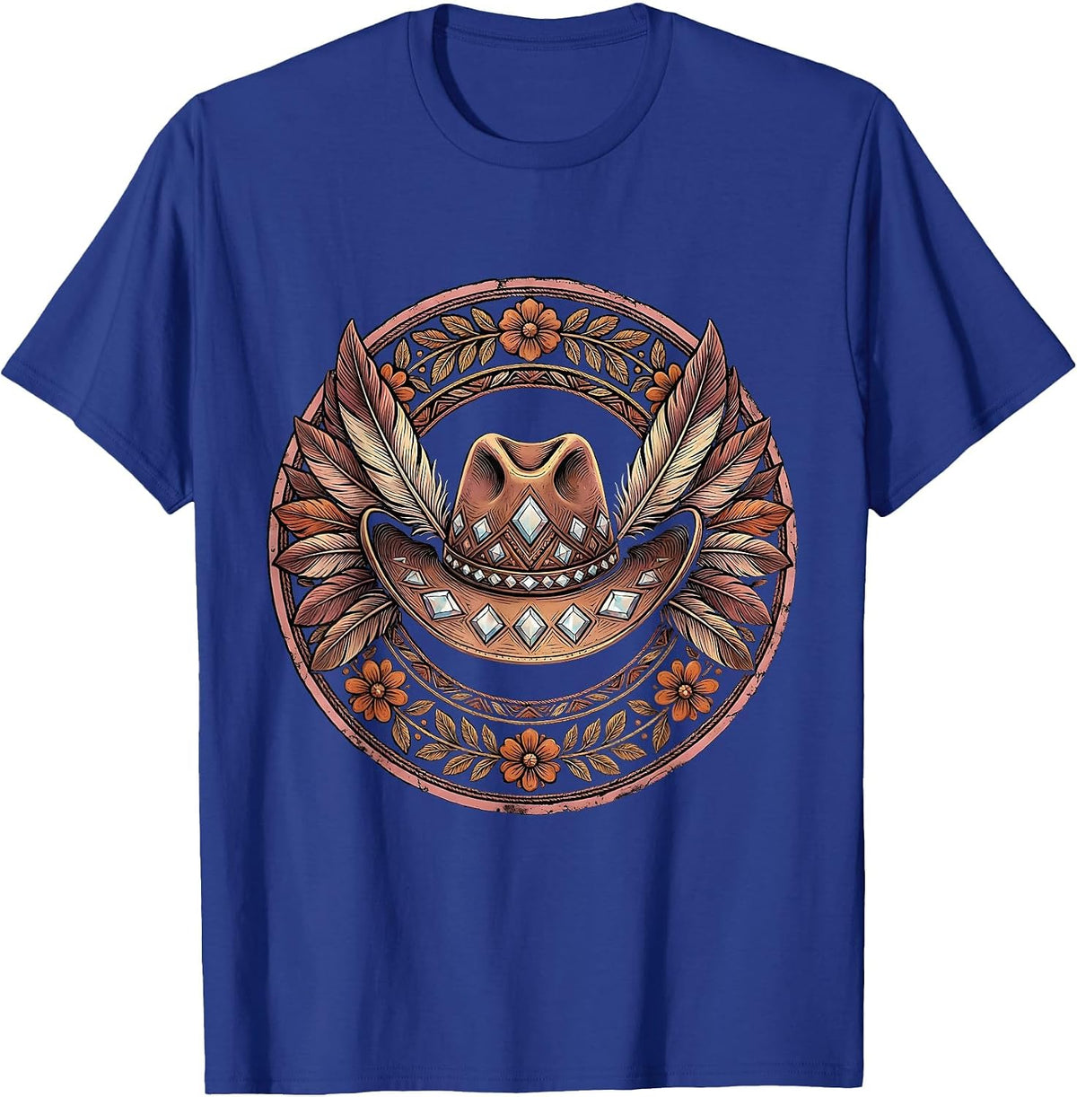 Men's Pink Cowboy Rhinestone Hat with Flamingo Feathers T-Shirt - Royal Blue