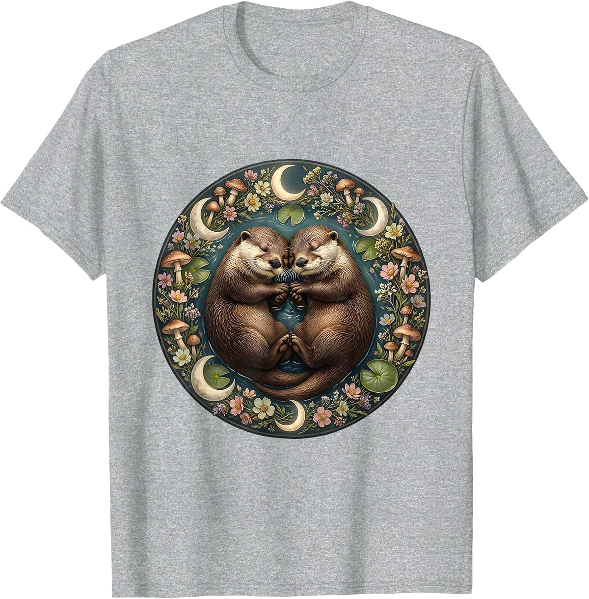 Men's Sleeping Otters Holding Hands Cute Wildlife Art T-Shirt - Heather Grey