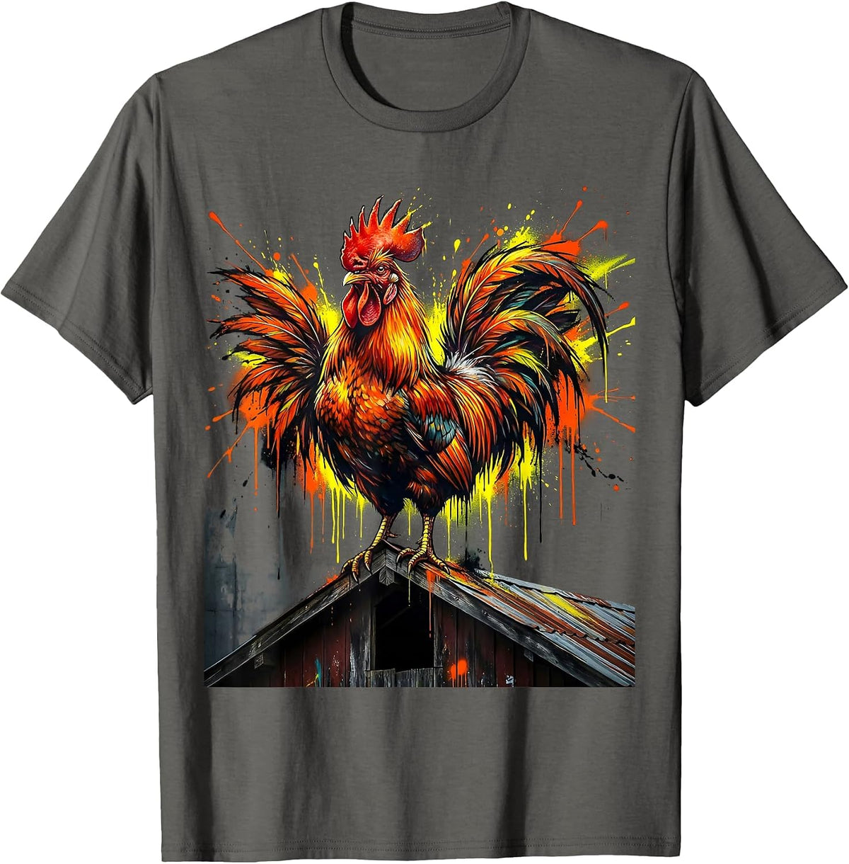 Proud Rooster on Barn Rooftop Illustration T-Shirt - Asphalt Grey