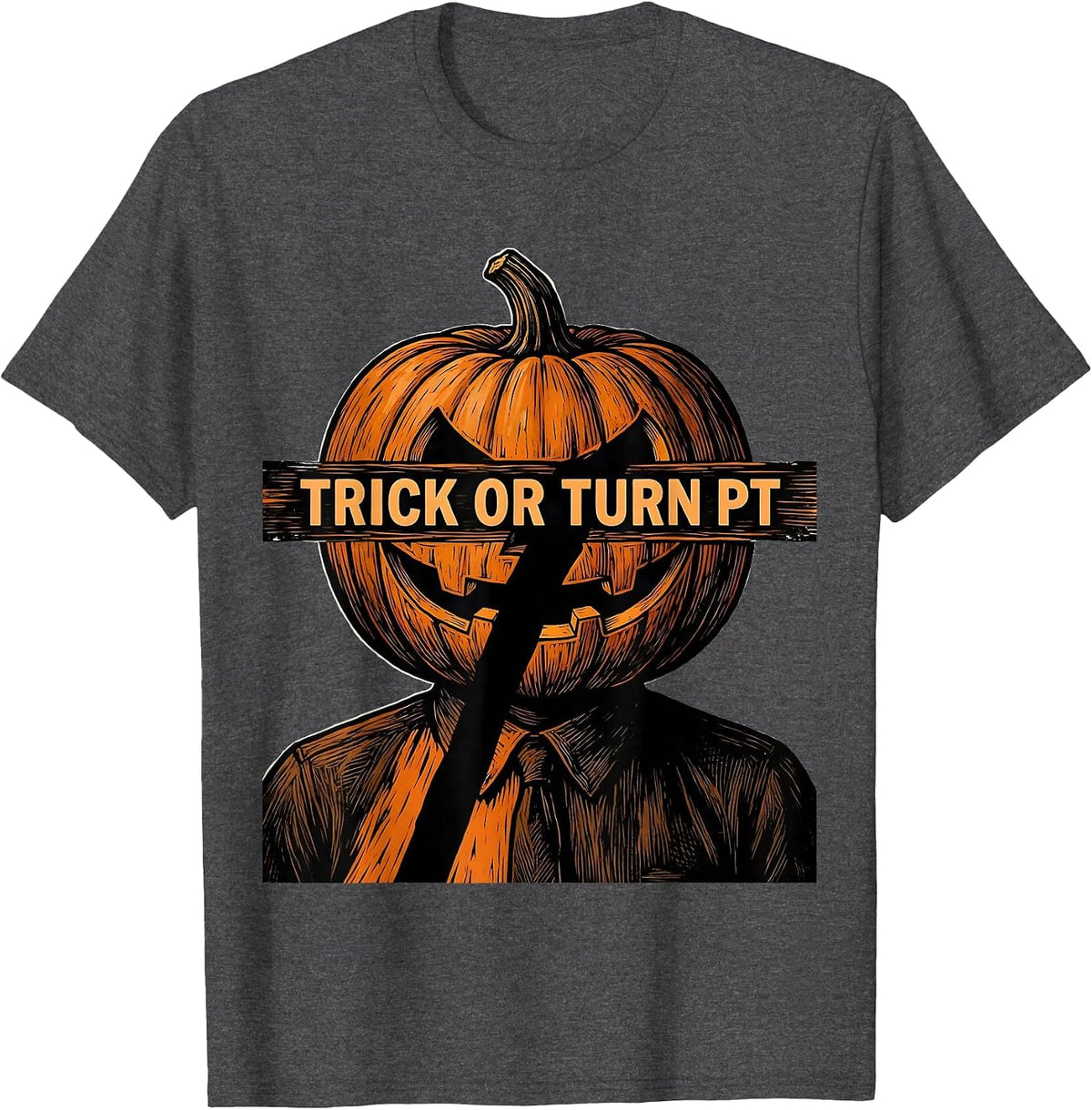 Men's Trick Or Turn PT Linocut Physical Therapy Halloween Humor T-Shirt - Dark Heather Grey